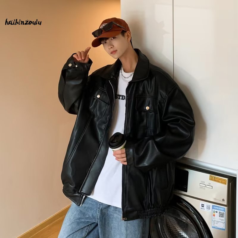 HAIBINZOULU men's long-sleeved high-grade leather winter coat men and women in Europe and the United States popular high street thickened coat