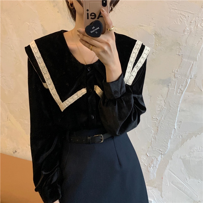 Áo nhung SUXI tay dài phối ren phong cách Hàn Quốc cổ điển thời trang dễ phối đồ dành cho nữ