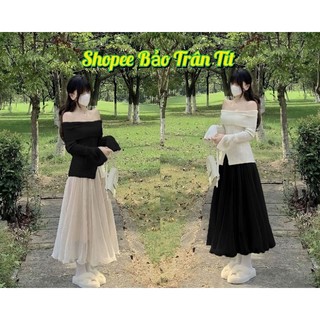 Set áo gân trễ vai kèm chân váy midi xoè