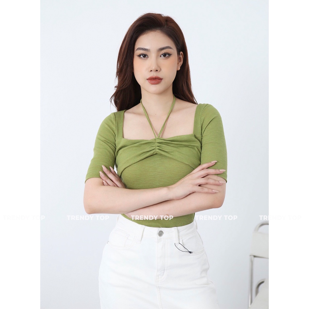 Áo cổ yếm - Áo kiểu tay ngắn dáng ôm chất thun tăm siêu co giãn, CTWOMEN