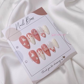 Nailbox thiết kế - mẫu hồng baby gắn charm gấu vẽ hoạ tiết trái tim