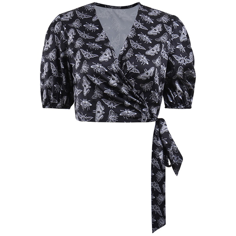 Áo Croptop Tay Ngắn Phồng Cổ Chữ V Buộc Dây In Họa Tiết Bướm Phong Cách Gothic Thời Trang Cho Nữ