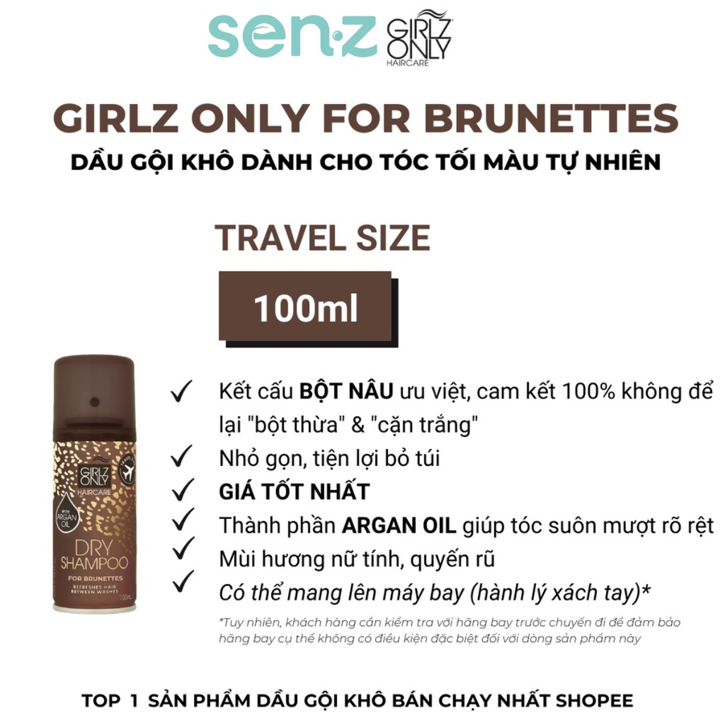 [QUÀ TẶNG KHÔNG BÁN] Dầu Gội Khô Girlz Only For Brunette (Nâu) Travel Size 100ml