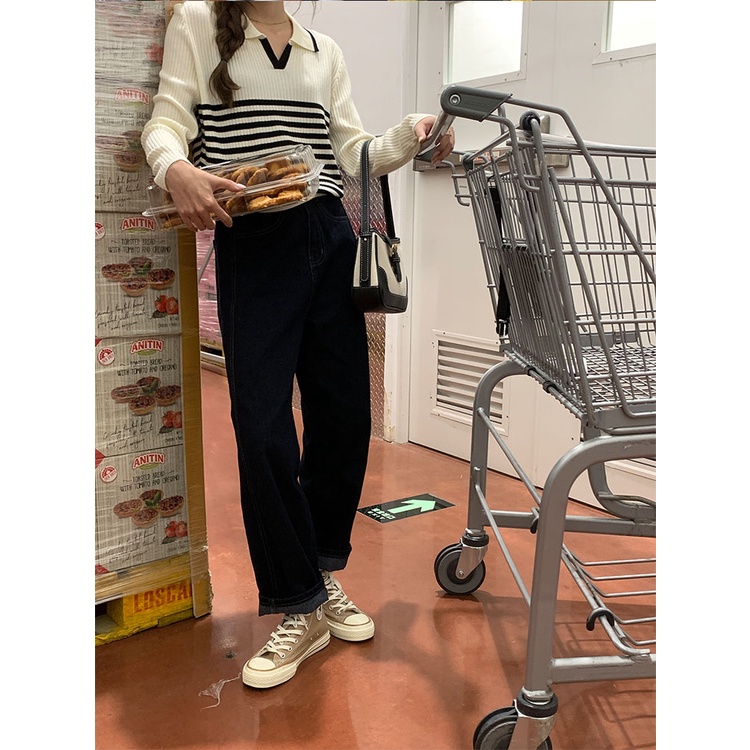 ZHELIHANGFEI Áo Sweater Tay Dài Cổ POLO Lưng Cao Dáng Ôm Họa Tiết Kẻ Sọc Thời Trang Trẻ Trung