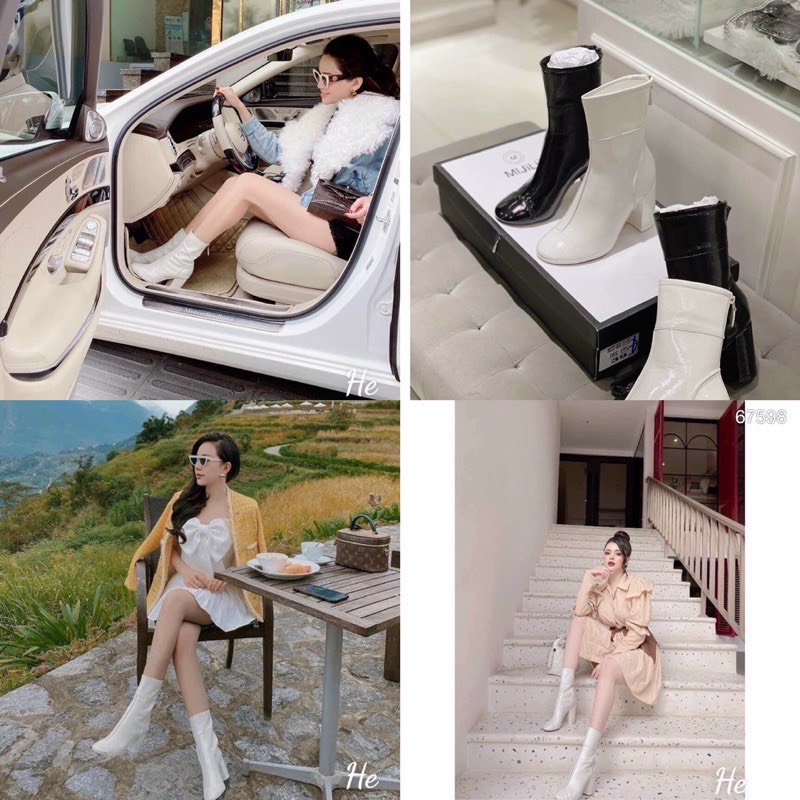 Bốt lửng cổ nữ da bóng họa tiết X gót 6 phân
