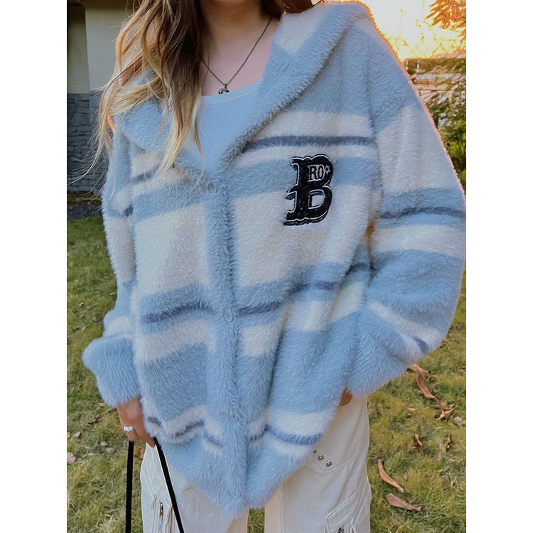 Áo Khoác Cardigan Dệt Kim Dày Có Nón Họa Tiết Kẻ Sọc Phong Cách Mỹ Thời Trang Thu Đông Cho Nữ