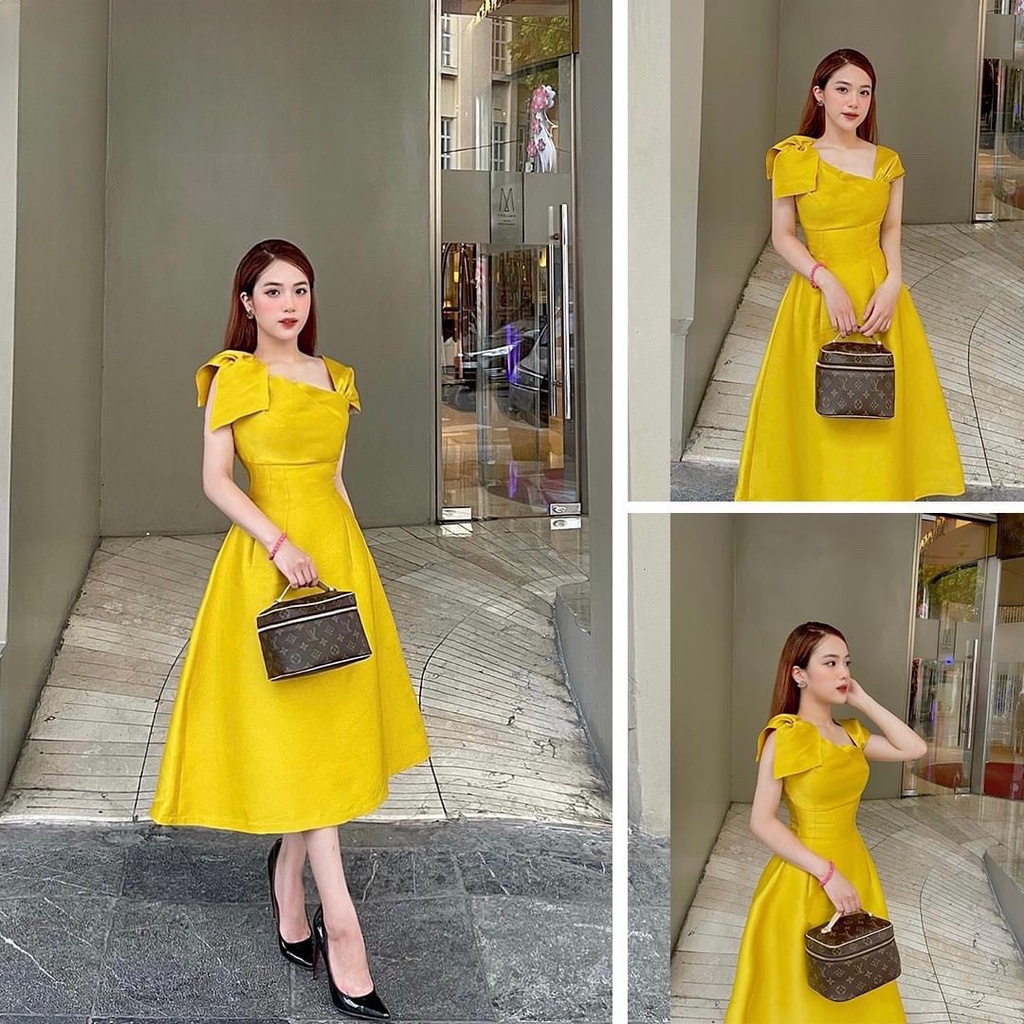 Đầm công chúa dáng dài sang trọng, đầm tiểu thư hàn quốc thiết kế lệch vai cực đẹp, chất vải tapta cao cấp