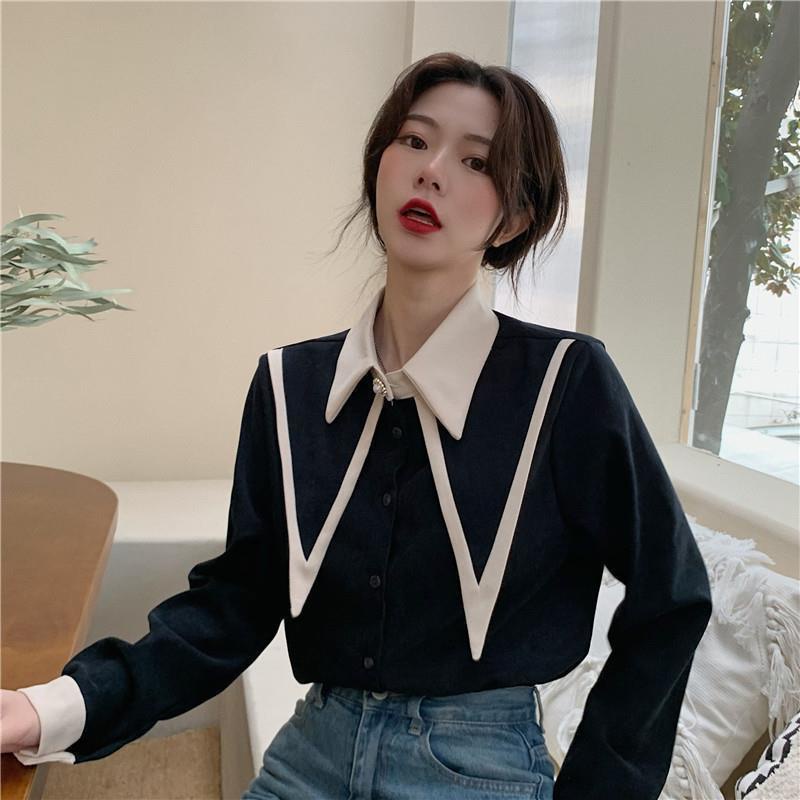 IELGY Áo Sơ Mi Tay Dài Cổ Chữ v Lớn Phong Cách preppy Cho Nữ