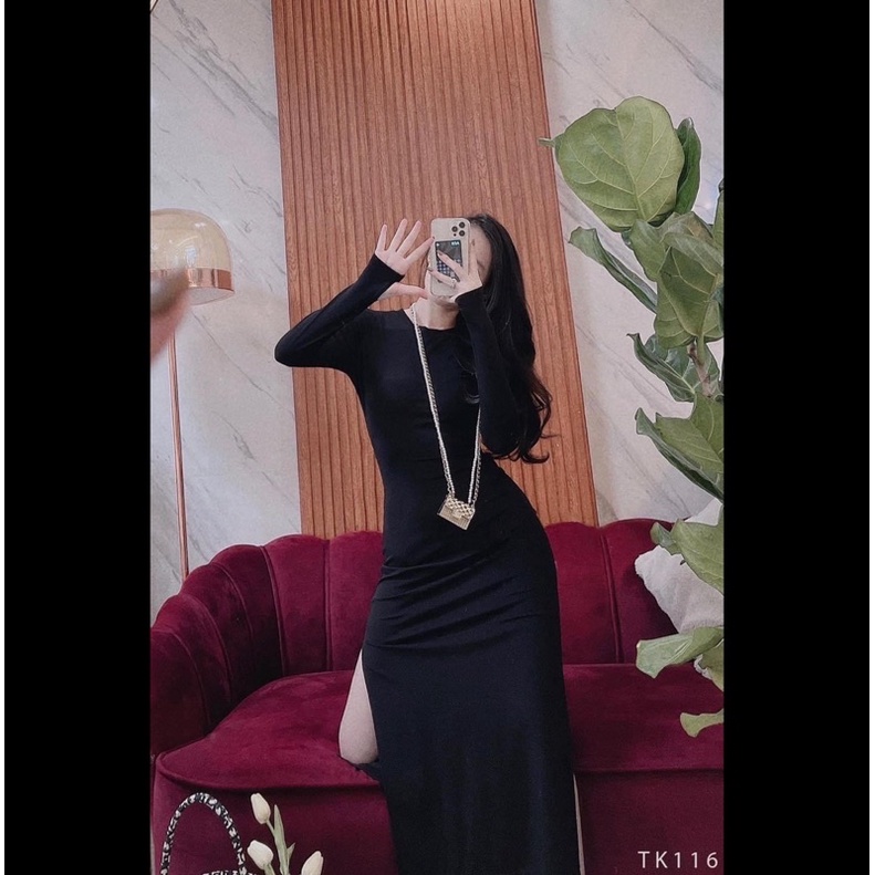 D134 Váy Body tay dài xỏ ngón xẻ 2 tà Topshop VNXK