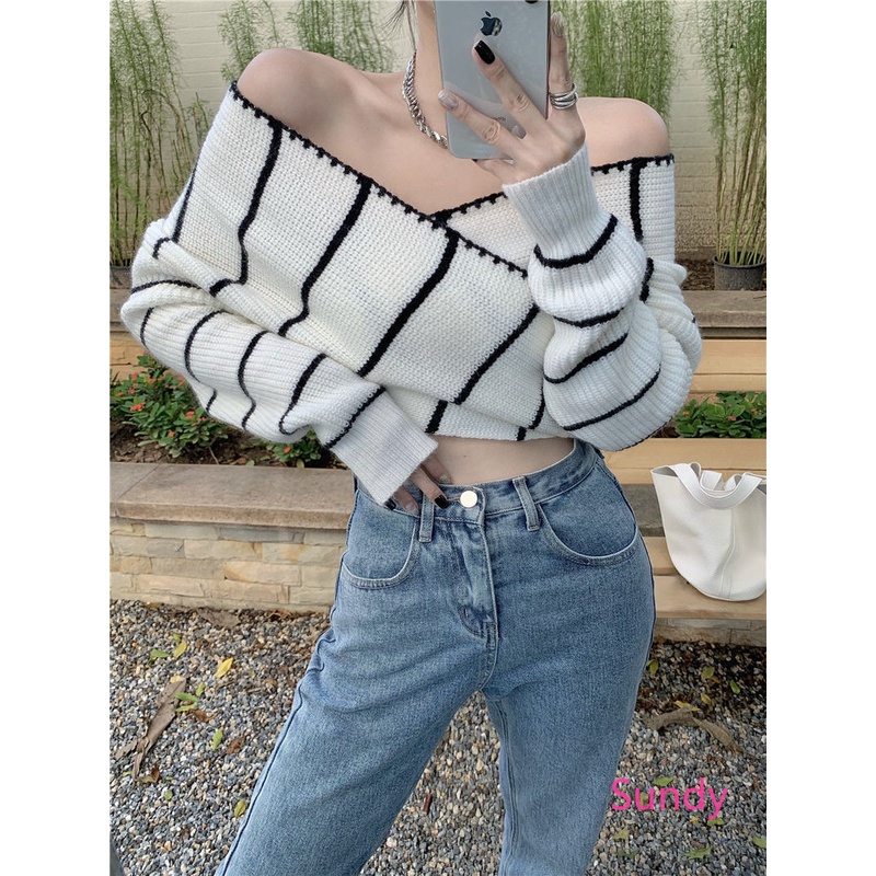 Áo Sweater Dệt Kim Trễ Vai Thời Trang Thu Đông Cho Nữ