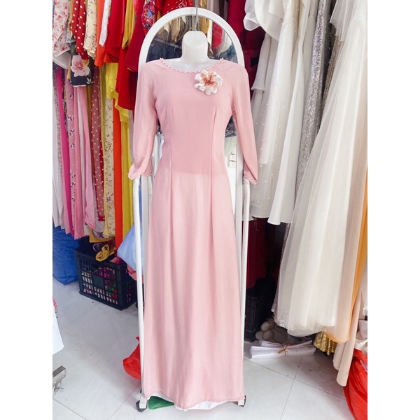 H03 Áo dài lụa cát Hồng cam thêu hoa