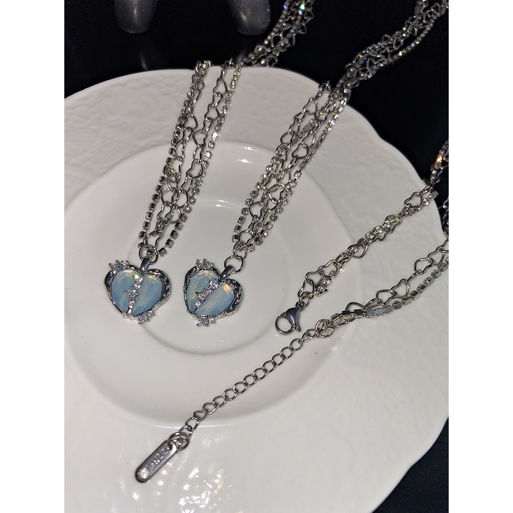 Vòng Cổ Hai Lớp Đính Đá Kim Cương Nhân Tạo Hình Trái Tim Sang Trọng Phong Cách Harajuku