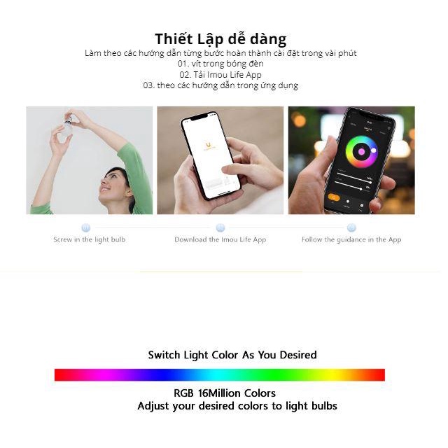 Bóng đèn Led thông minh imou CL1-B5-E27 16 triệu màu, bật tắt chỉnh màu qua app, tùy chọn bối cảnh, bảo vệ mắt