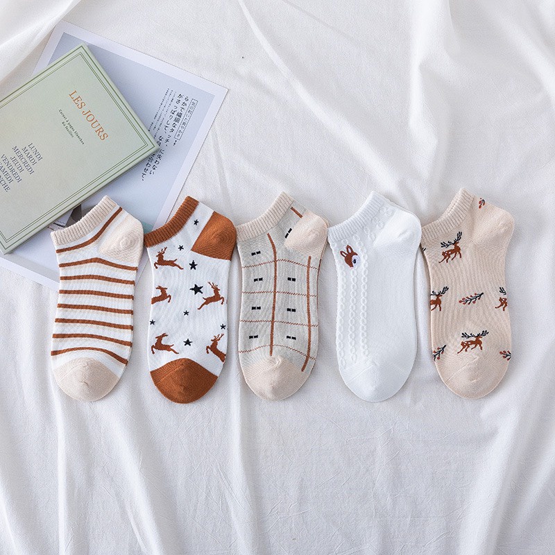 Set 5 Đôi Tất Nữ Cổ Ngắn Họa Tiết Thỏ Hươu Siêu Hot