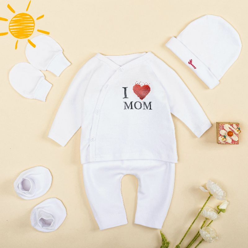 Bộ dài sơ sinh Bé gái cúc chéo Bunnybaby cotton hàn bao gồm nón vớ (2)