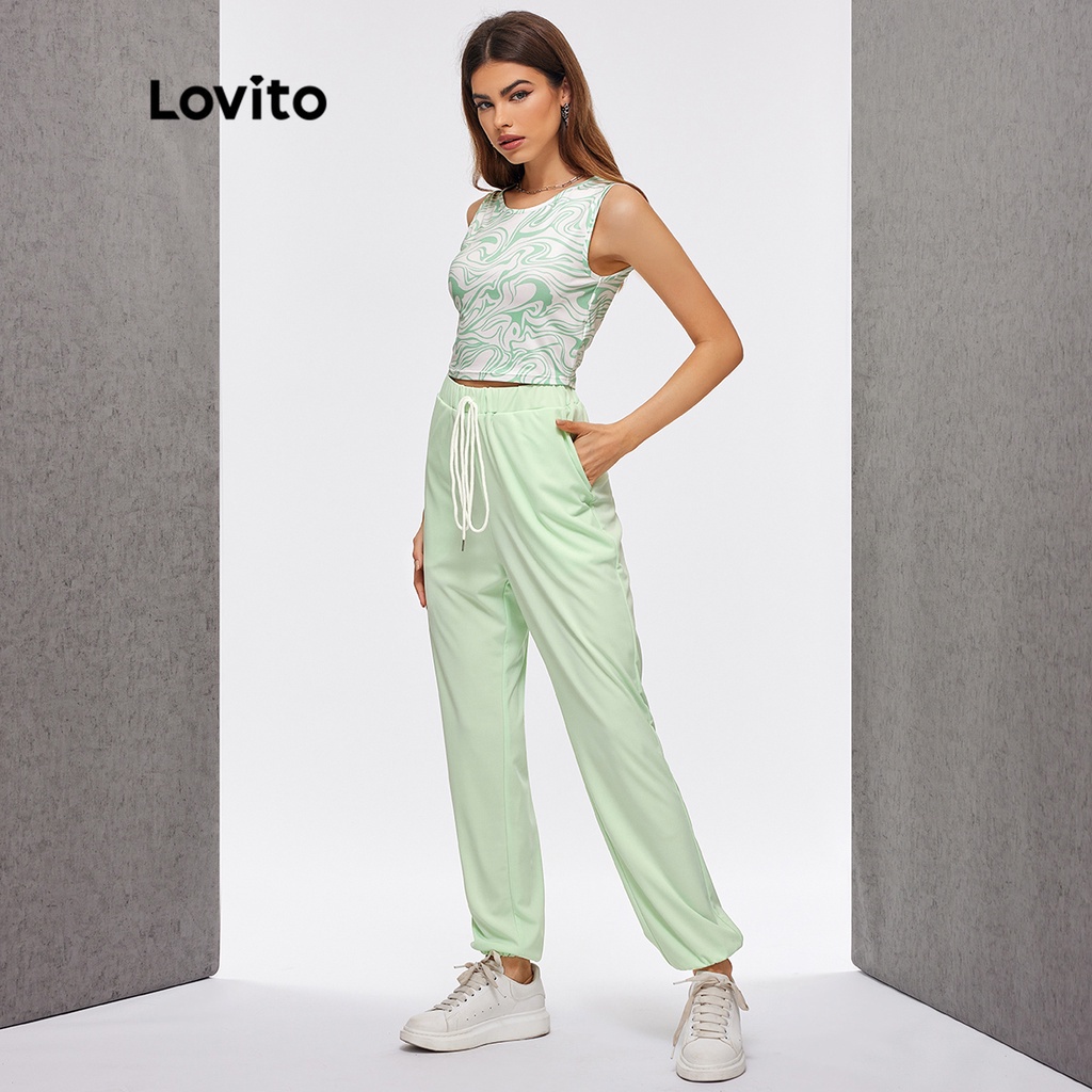 Lovito Set Quần Dài Lưng Thun Rút Dây L20D1143 Màu Xanh Lá