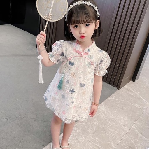 Đầm Sườn Xám Tay Ngắn Phối Ren Lưới Thời Trang Mùa Hè Xinh Xắn Cho Bé Gái