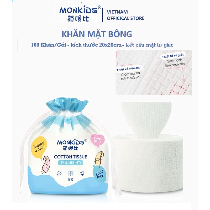 Khăn Monkids, Khăn Mặt Dùng 1 Lần, Mềm Mại, Không Mùi, Làm Sạch Da Mặt, Cuộn 280gram