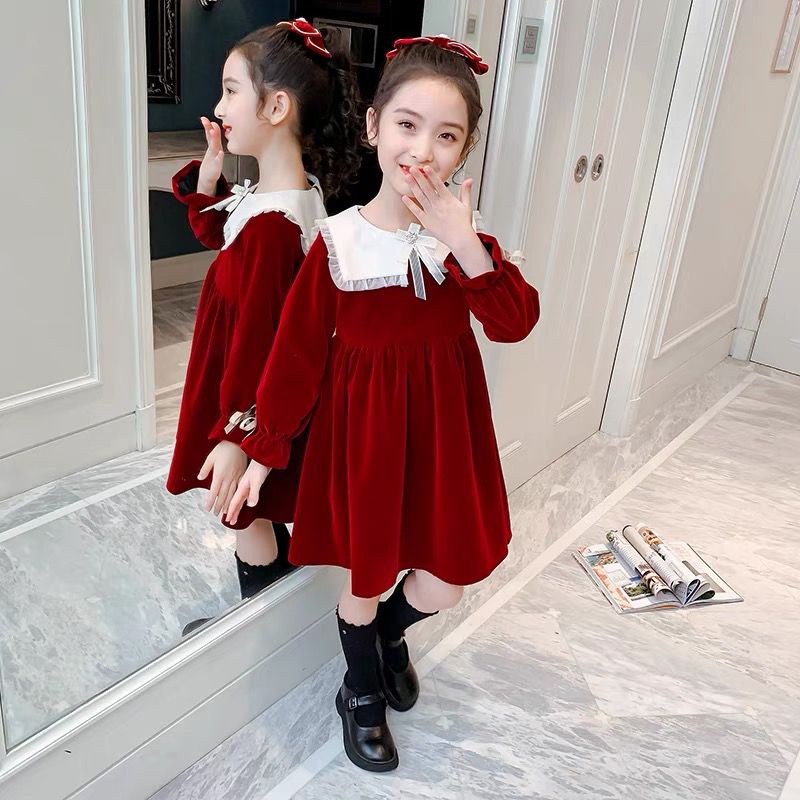Đầm Nhung Đen Dài Tay Phong Cách Công Chúa Cho Bé Gái