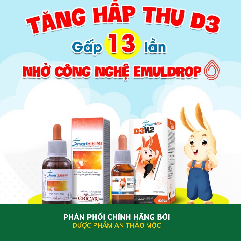 Siro Smartbibi D3K2 bổ sung vitamin tăng khả năng hấp thu canxi xương răng chắc khỏe phát triển chiều cao 15ml