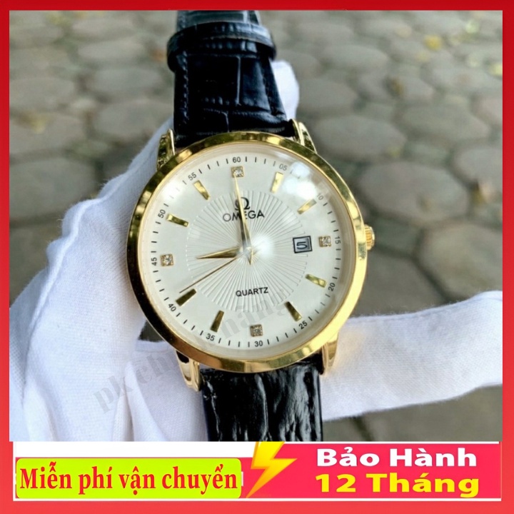 Đồng Hồ Nam Omega Mặt vân chống nước, Chống xước tốt, dây da mềm, đính kim cương cao cấp.tặng Kèm vòng và pin