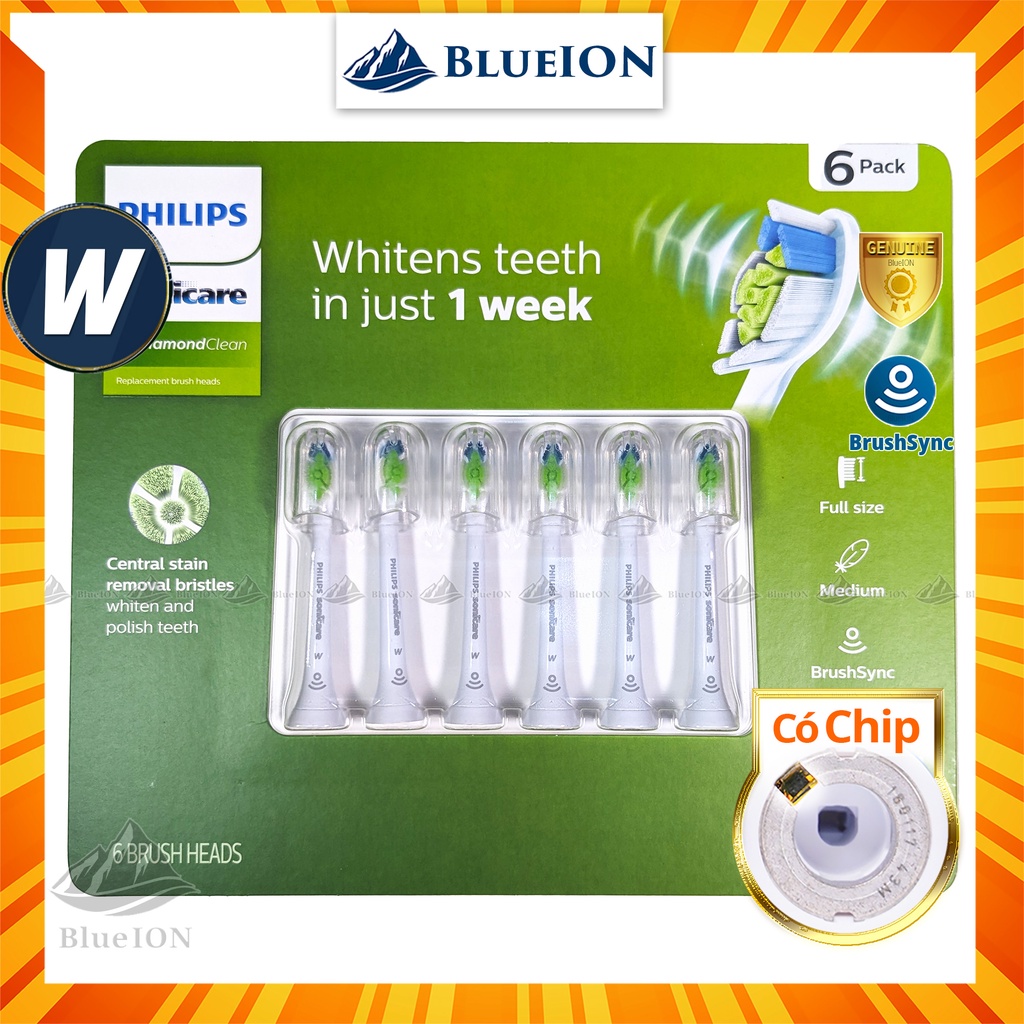 [Hàng Mỹ] Vỉ 6 Cái W - Đầu Bàn chải điện Philips Sonicare W DiamondClean - HX6066/71