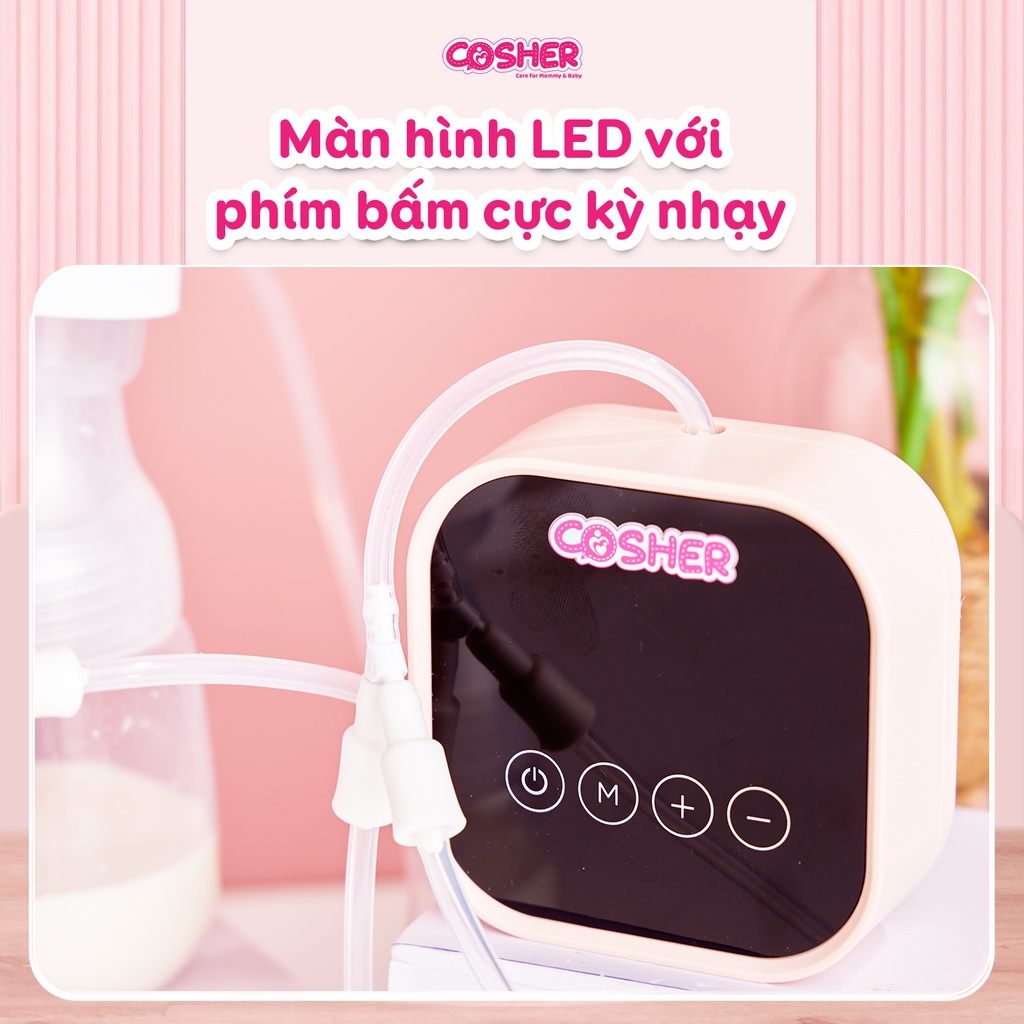 Máy Hút Sữa Điện Đôi Nhập Khẩu Có Sạc Cosher 4 Chế Độ Hút 36 Tần Số Mát Xa, Pin Lithium  2 Phễu Silicone Êm Ái Không Đau