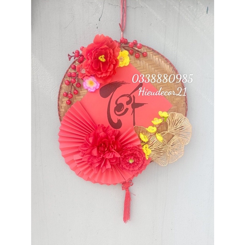 Mẹt trang trí Tết cành rẻ quạt, quạt giấy, hoa mẫu đơn đỏ siêu đẹp