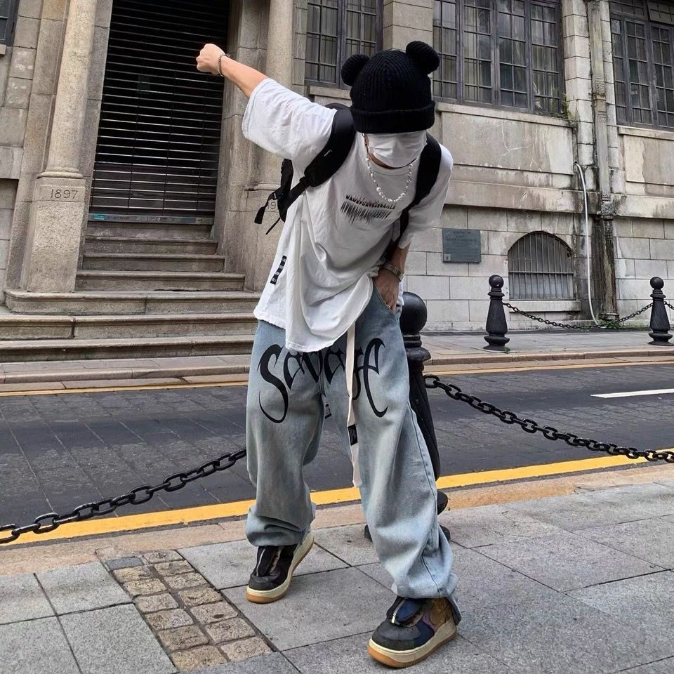 Quần Jean Dài Dáng Rộng In Chữ Màu Sáng Phong Cách Hip Hop Thời Trang Âu Mỹ Cá Tính Cho Nam