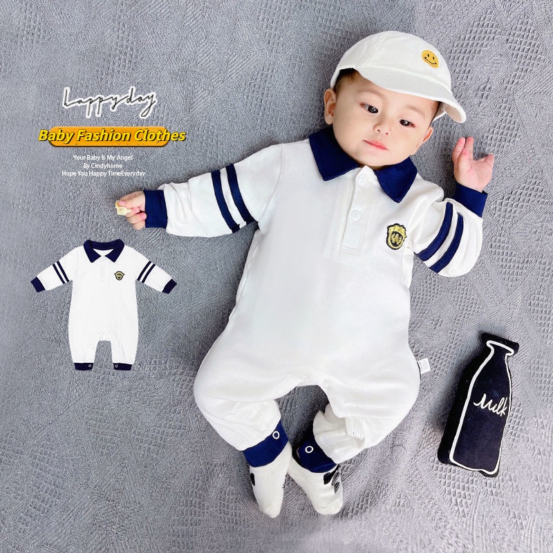 Áo Liền Quần Cotton Tay Dài Phong Cách Anh Quốc Thời Trang Xuân Thu Mới Cho Bé Trai Và Gái 0-24 Tháng Tuổi