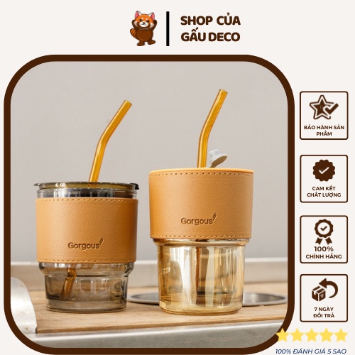 Cốc Thủy Tinh Ly Thủy Tinh Bọc Da G1 kèm nắp ống hút thủy tinh cao cấp 450ml