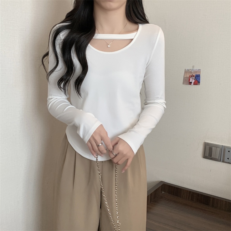 【WANG JIAO ZHAN】Áo croptop Tay Dài Màu Trơn Dáng Ôm Quyến Rũ Trẻ Trung Phong Cách Hàn Quốc【6885】