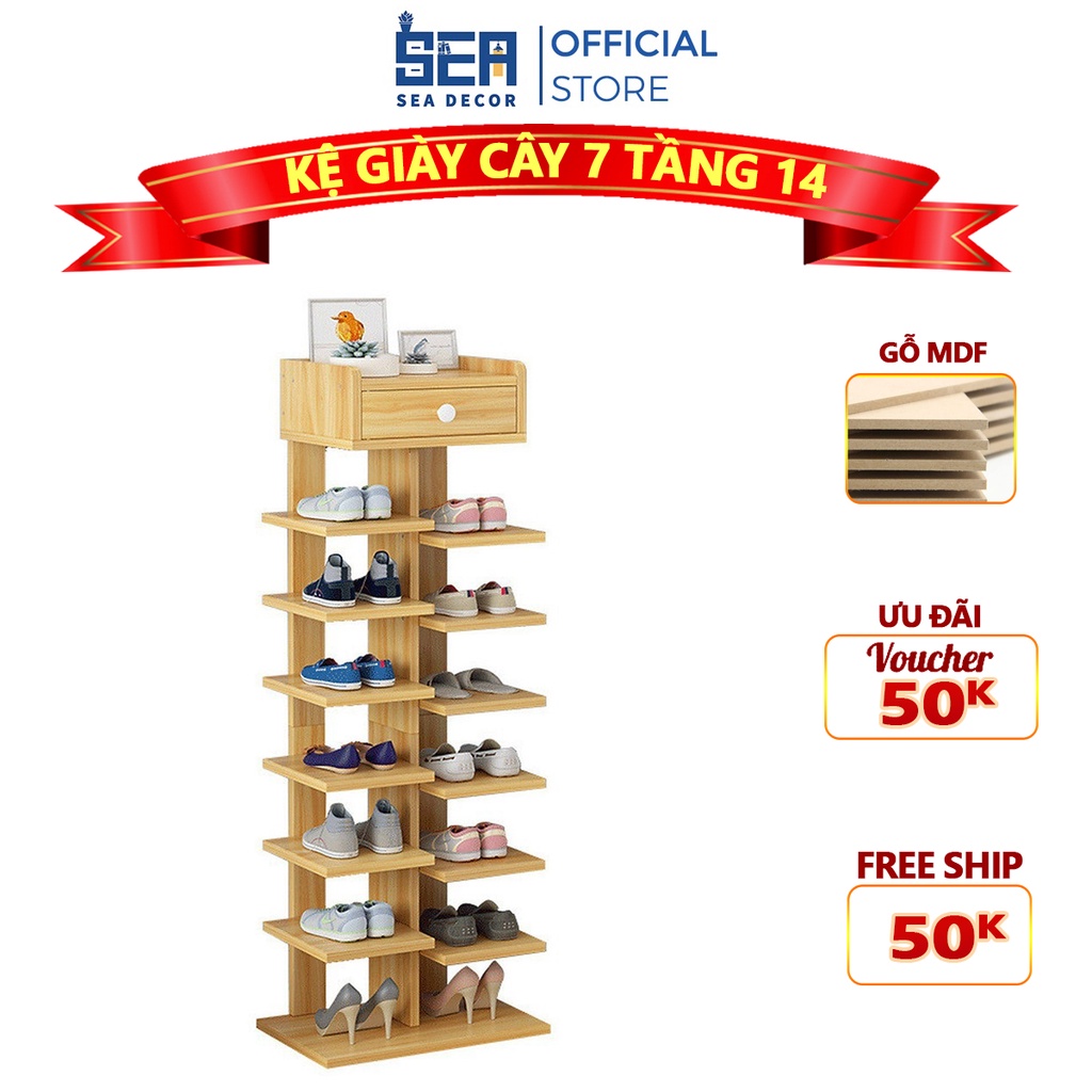 [Mã BMLT35 giảm đến 35K đơn 99K] Kệ Giày Cây 7 Tầng 14 Ngăn - Tủ Giày Có Ngăn Kéo Gỗ MDF Bền Đẹp - Màu Trắng Sea Decor