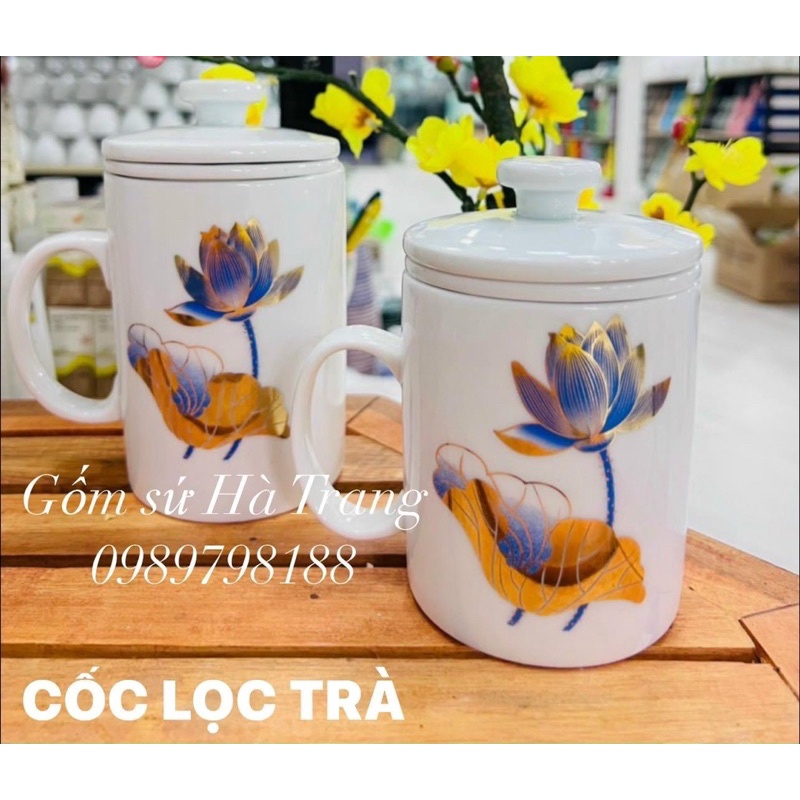 Cốc lọc trà gốm sứ Bát Tràng cao cấp dung tích 350ml 450ml hoạ tiết sen phú quý