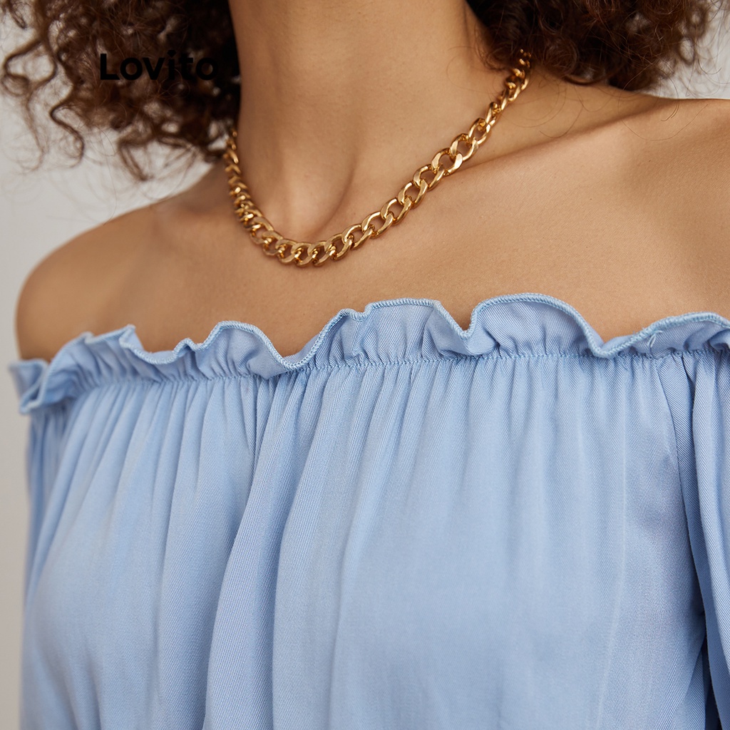 Áo kiểu Lovito hở vai màu trơn phối diềm xếp nếp phong cách thường ngày L19D379 (Màu xanh dương nhạt)