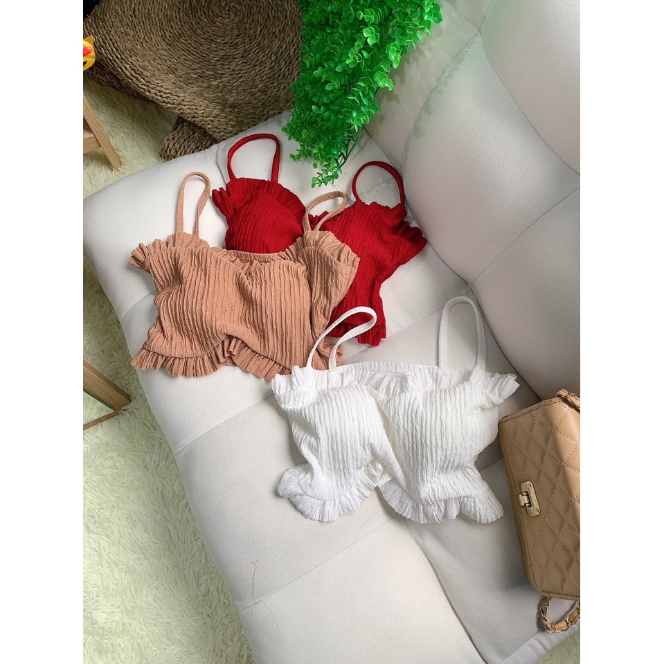 Áo 2 dây xốp viền bèo trên dưới kiểu dáng croptop cực xinh