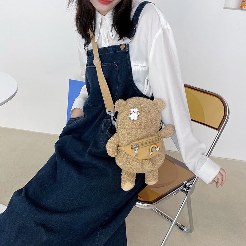 Túi Đeo Chéo Canvas In Hình Gấu Dễ Thương Phong Cách Harajuku Nhật Bản