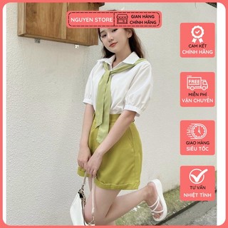 Set bộ nữ, áo sơ mi tay ngắn đính khăn choàng phối quần short lưng thun màu xanh cốm phong cách hàn quốc.