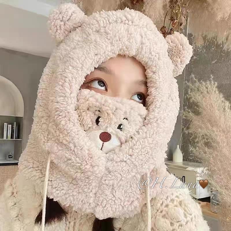 Mũ Len Lông Cừu NOVSET Kèm KHẨU TRANG Hình Gấu Dễ Thương