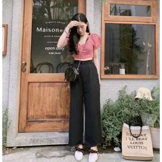 Quần ống rộng đũi khuy khóa trước chun sau