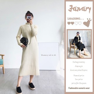 Váy len nữ dáng suông dài màu đen be nâu cổ lọ cao 3 phân đầm bầu chất len dài tay phong cách hàn quốc chất dày loại 1