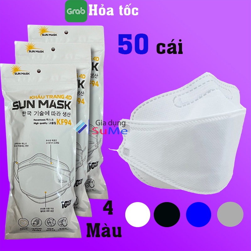 Khẩu trang kf94 Hàn quốc cho bé và người lớn 4 lớp Sun Mask y tế kháng khuẩn 3D đủ màu đen chính hãng sét 50 cái 50S