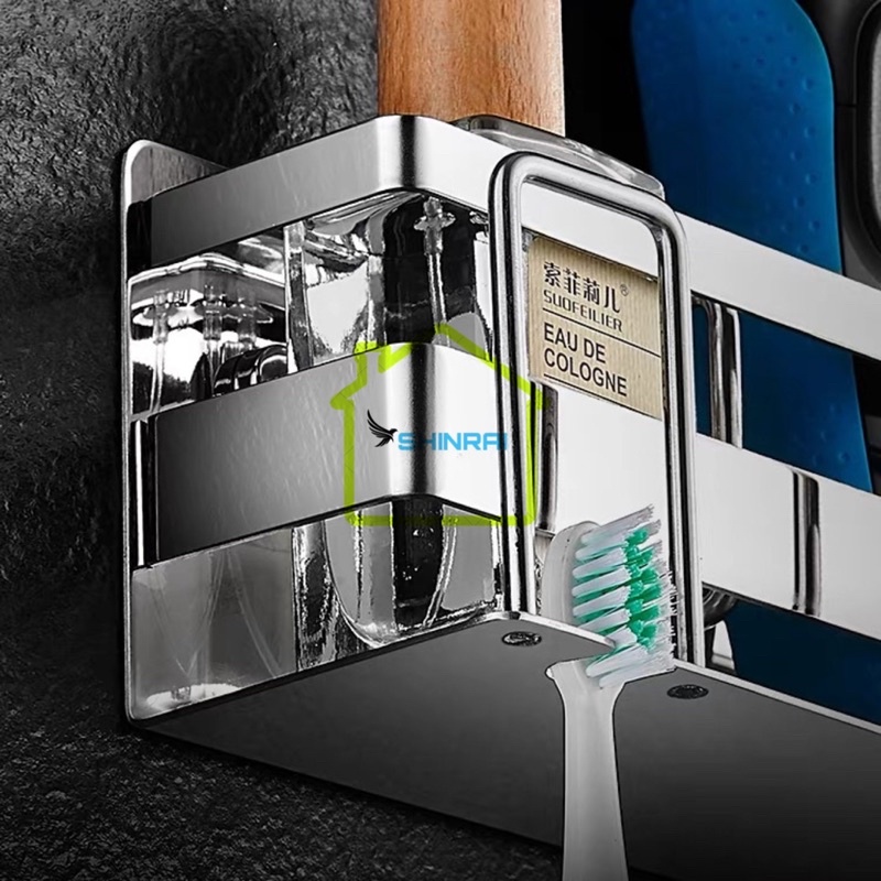( Dán Tường - Có Lỗ Khoan ) Kệ Đựng Bàn Chải , Giá Đựng Tuýp Kem Đánh Răng Nhà Tắm INOX SUS304 Bạc Gương 2 Cốc SHINRAI