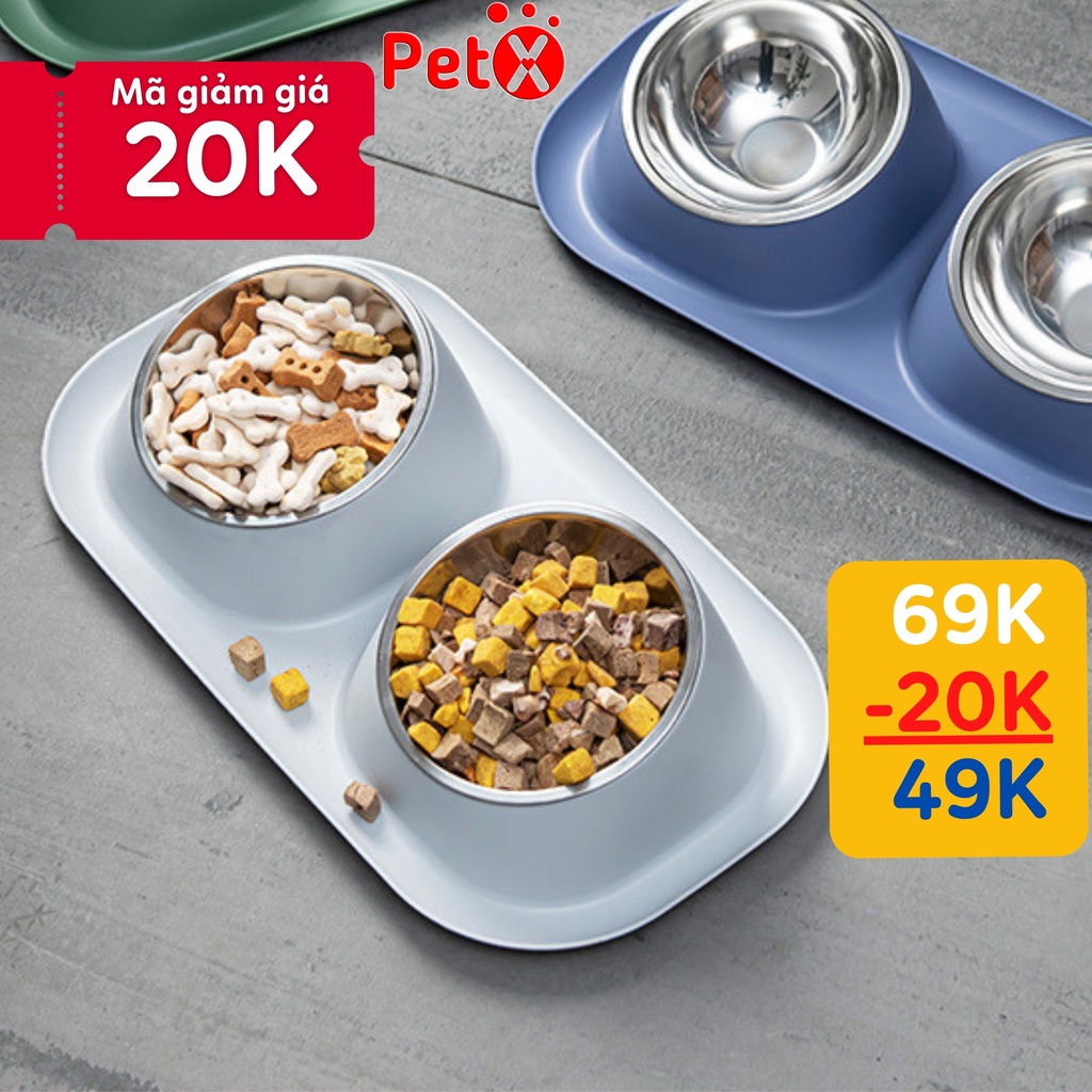 Bát ăn cho mèo đôi bát ăn cho chó hai ngăn 2 bát inox tháo rời chống kiến nghiêng chống gù 40x23cm