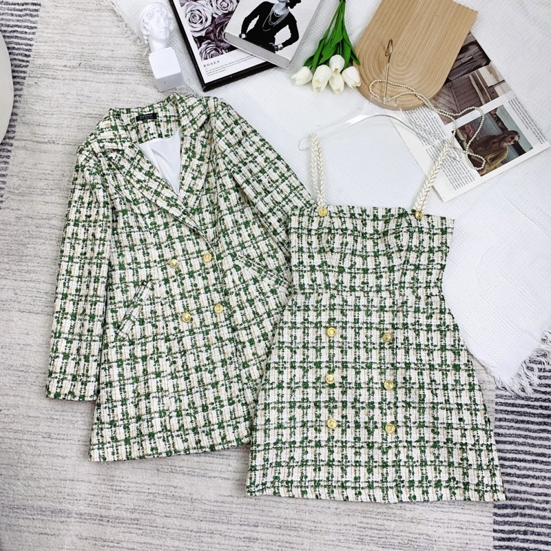 SÉT DẠ TWEED VÁY 2 DÂY KÈM ÁO VEST DÁNG DÀI