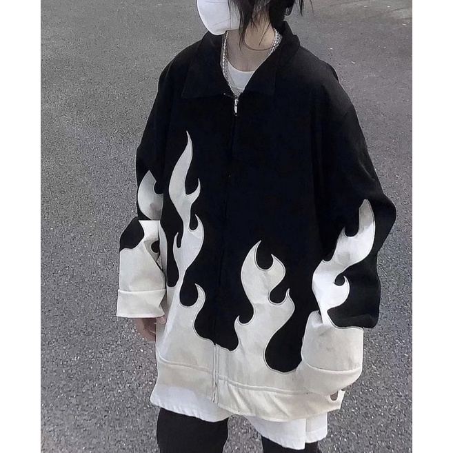 Burning Flame Jacket - Áo khoác hoạ tiết lửa nhung tăm unisex streetwear
