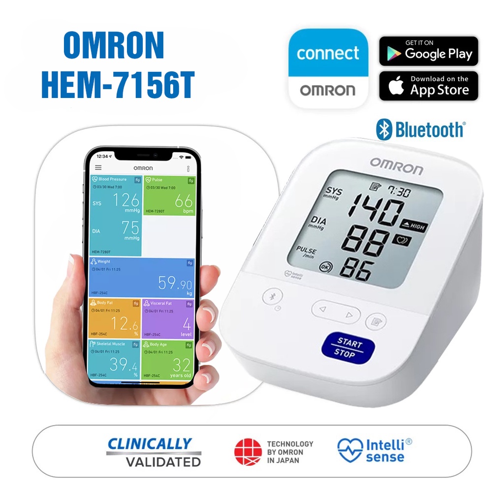 Máy đo huyết áp tự động Bluetooth HEM-7156T Model 2022 | Vòng bít ° IntelliWrap ™ 360° chính xác - Kết nối Điện thoại