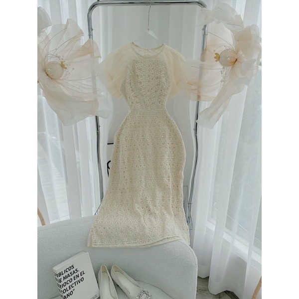 ĐẦM MIDI REN HOA NUDE PHỐI TAY TIÊN VOAN