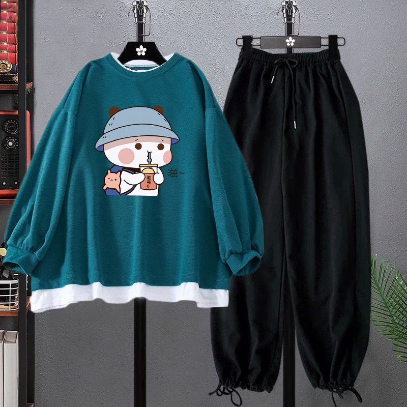 Sét bộ áo nỉ cotton Gấu uống nước + quần bom chun, Áo nỉ Unisex from rộng, thiết kế phong cách hàn quốc - MODY