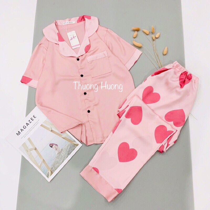 Pyjama Lụa Áo Cộc Quần Dài Hoạ Tiết Dễ Thươngo